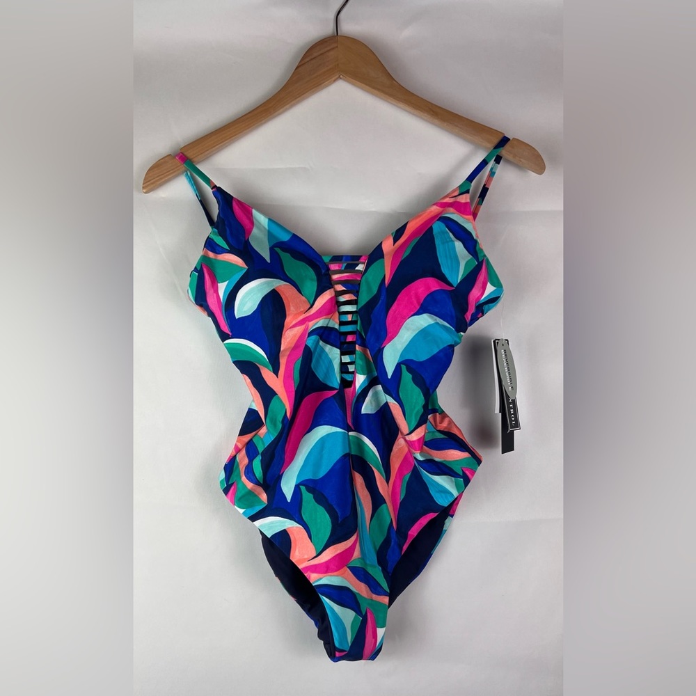 NWT LA BLANCA Painted Leaves Reversible Plunge One Piece - Picture 5 of 12